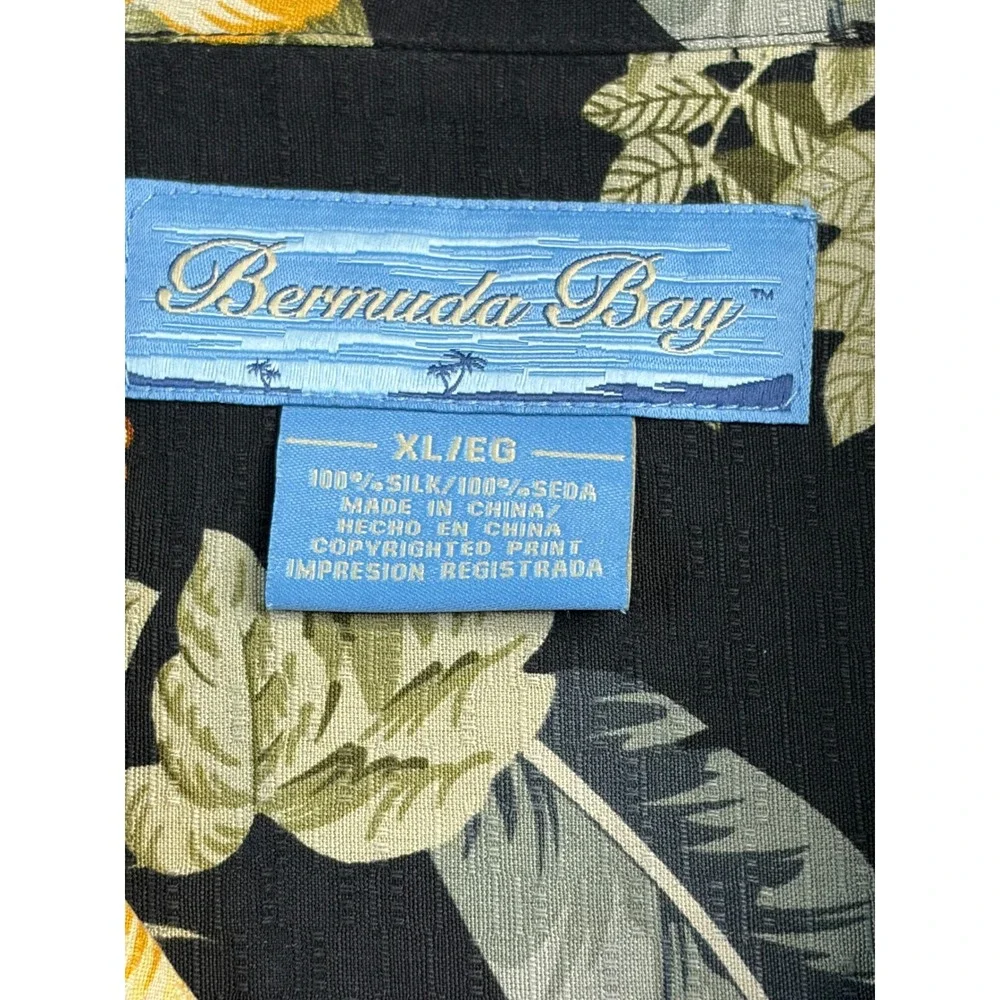 Bermuda Bay Mens XL‎ 100%Silk Hawaiian Shirt Black Yellow Hibiscus Floral Marlin